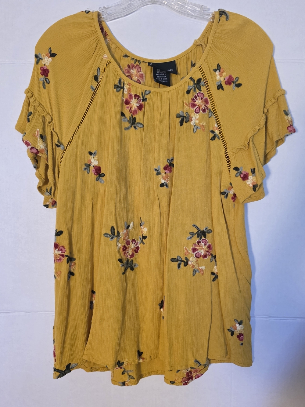 Liv Los Angeles Mustard Yellow Floral Embroidered Boho Blouse Flutter Sleeve